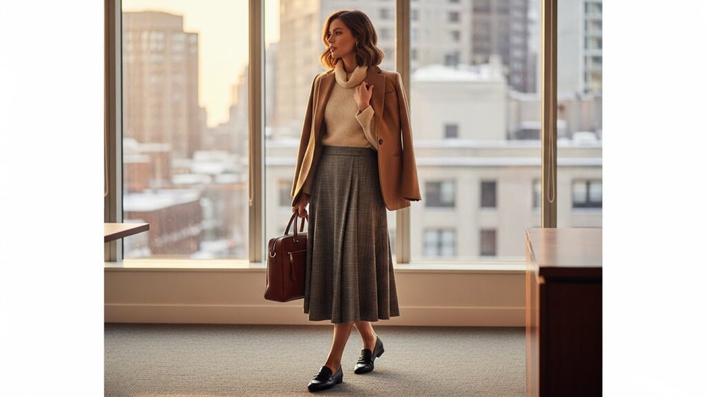 Plaid midi skirt, wool blazer, turtleneck, loafers, winter office outfit